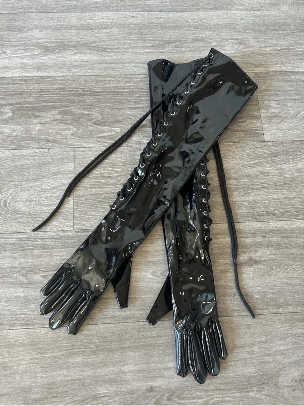 Vintage Black Patent PVC Lace Up Opera Gloves Goth Fetish Cosplay 24.5” Festival